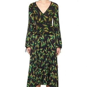 A.L.C. Pleated Silk Midi Dress Palm Leaf Print Size 2